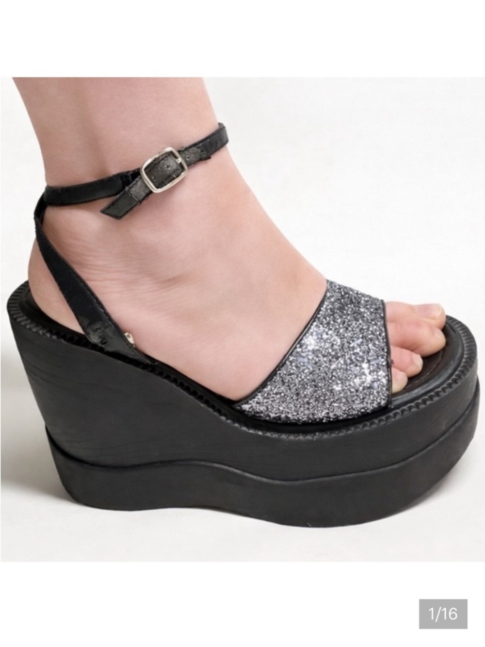 Vintage Y2K 90s Lower East Side Chunky Sandals black glitter silver FLAWED